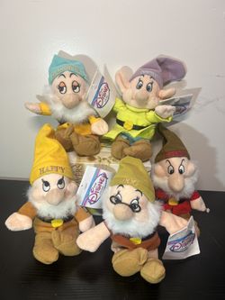 New Disney Snow White Set Of 5 Dwarfs, 8” Bean Plush With Tag!