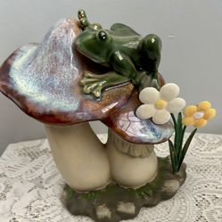 Vintage Glazed Ceramic Mushrooms with Frog/ Glossy Ceramic Toadstools, Toad, Flowers
