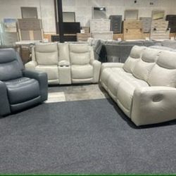 Ivory Leather Power Reclining Sofa and Loveseat