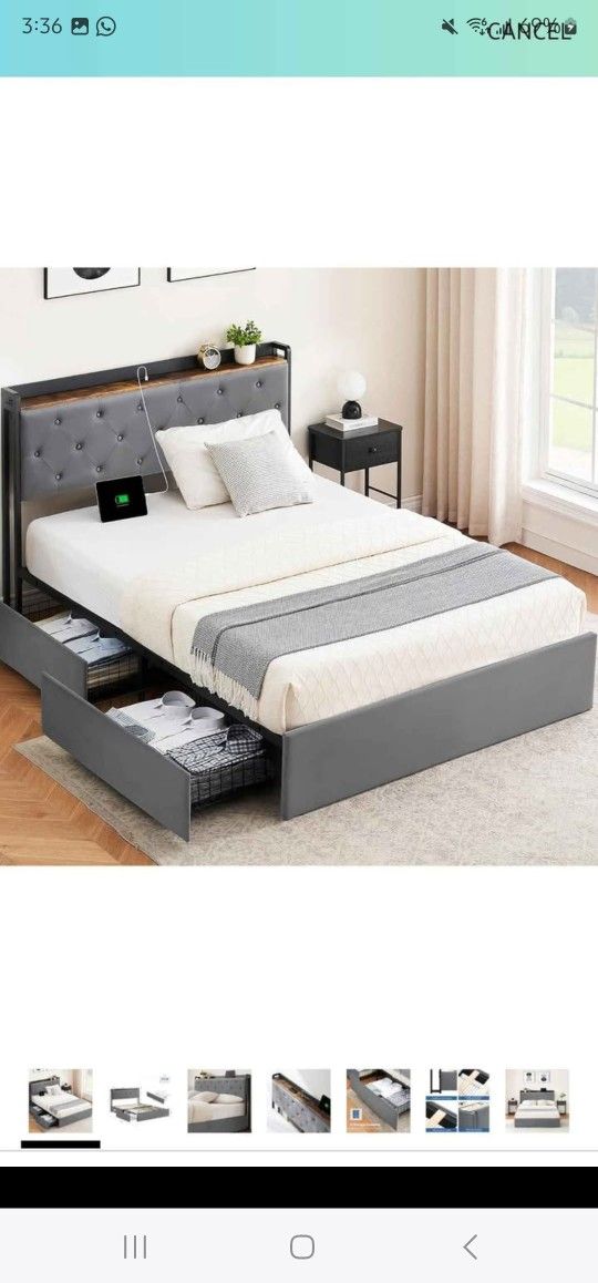 IDEALHOUSE Queen Size Bed Frame with Upholstered and Storage, 4 Storage Drawers, Velvet Upholstered Headboard, Queen Bed Frame with Charging Station,