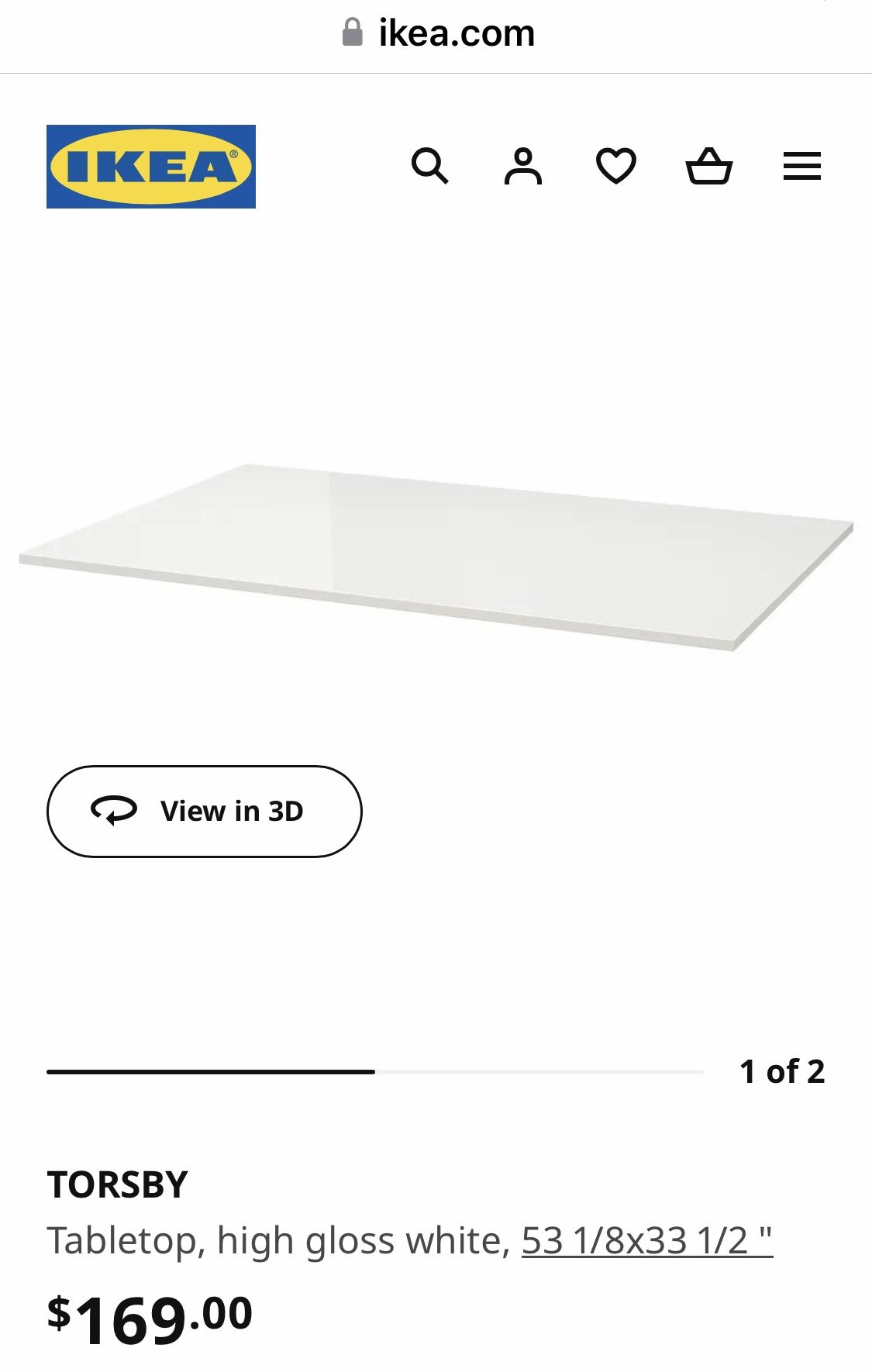 Tabletop from IKEA, High Gloss White, L 53.12” x W 33.5”, Thickness 3/4”