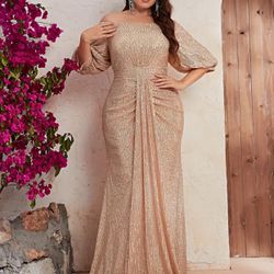 Bedazzled Plus Size Champagne Sequin Brush Train Dress