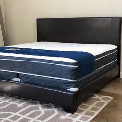 Brand New Black King Size Leather Bed Frame With New 12.5 Inch PillowTop Mattress/Fast Delivery