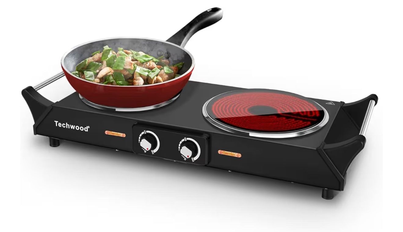 Hot Plate, Techwood 1800W Electric Stove, Countertop Double Burners for Cooking, Infrared Ceramic Dual Cooktops, Brushed Stainless Steel, Black