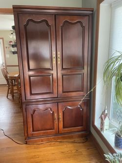 Cherry Wood Armoire Cabinet with Brass Hardware