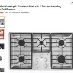 New 36 In GE Stainless Steel 5 Burner Gas Stove Top
