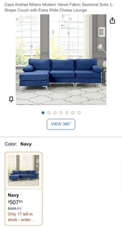 Casa Andrea Milano Modern Velvet Fabric Sectional Sofa, L-Shape Couch with Extra Wide Chaise Lounge