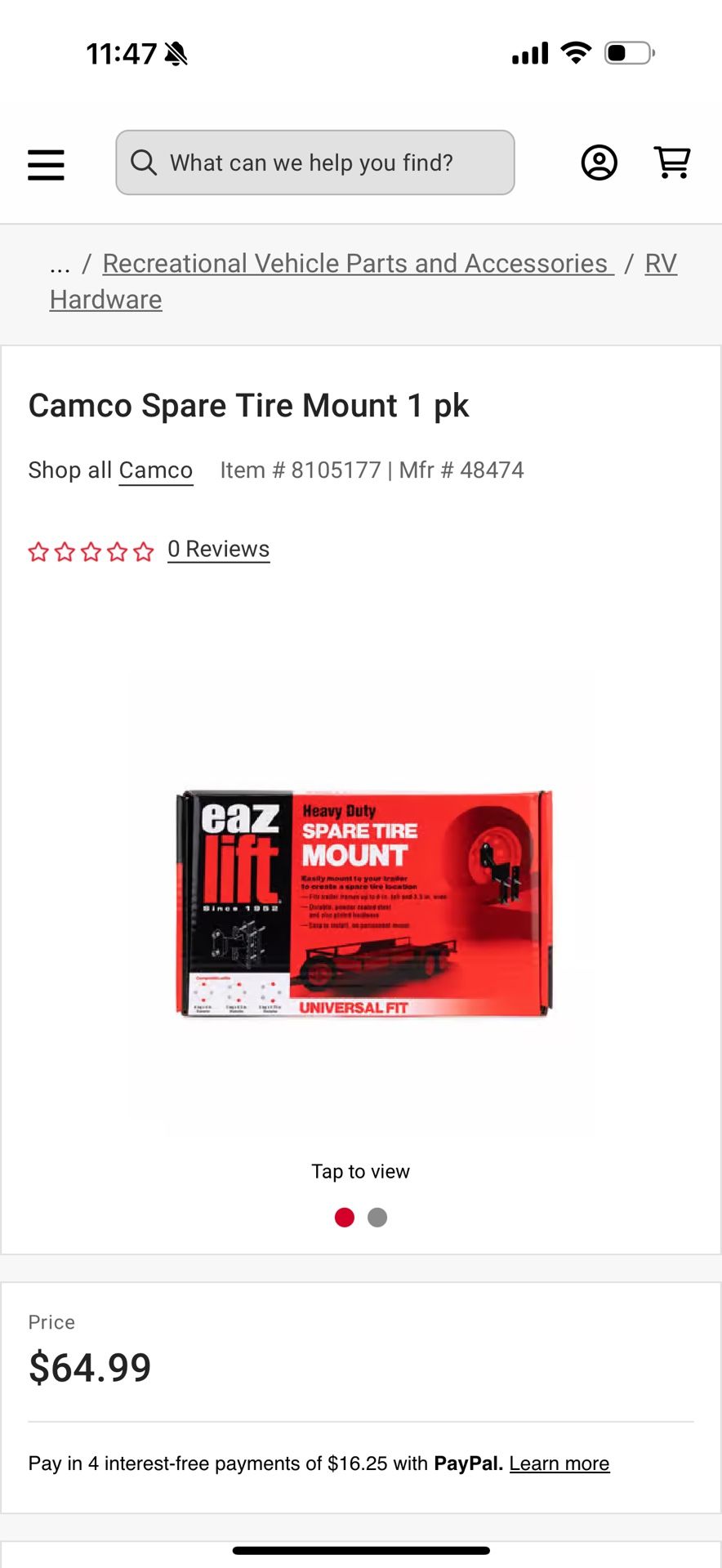 Eaz Lift Spare Tire Mount 1 pk