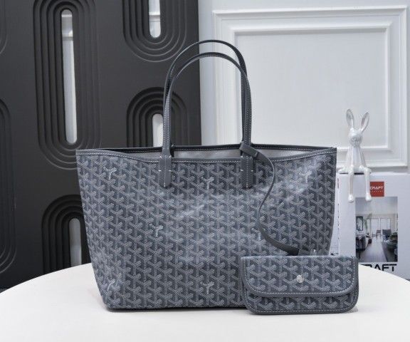 Grey Artois MM Tote Bag with Y - shaped Monogram - printed Leather Handle, Canvas, Linen and Cowhide