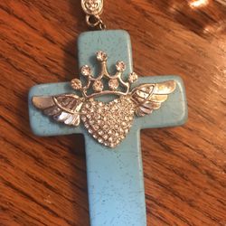 Gorgeous Large Turquoise Cross Pendant With Silver And Rhinestone Accents  