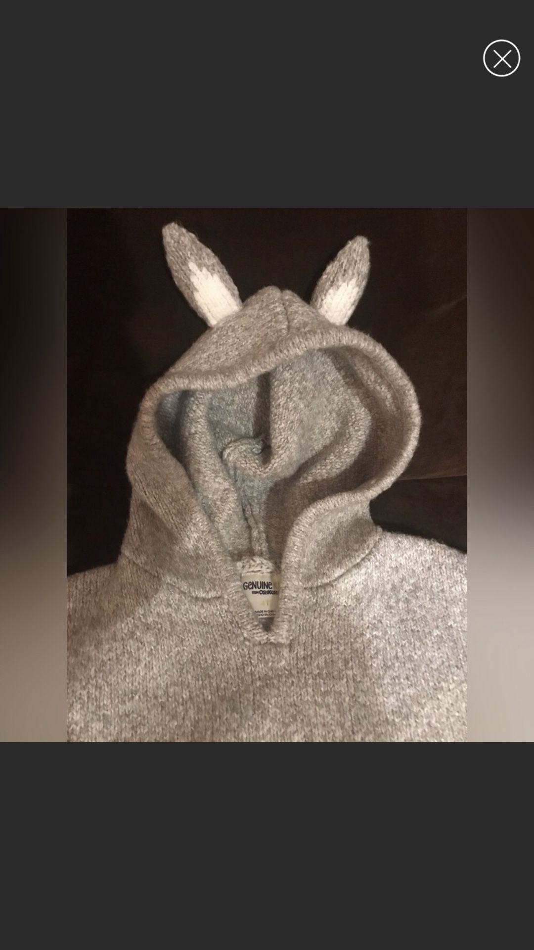 GENUINE gray poncho  with bunny ears and tail size 4T
