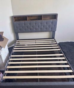 Like NEW FULL / DOUBLE Button Tufted Bed Frame with Outlets, USB Ports, LED Lights and Headboard storage and shelves
