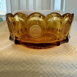 Vintage Fostoria Amber Coin Glass Bowl Scalloped Rim Liberty Bell 1886. 7”