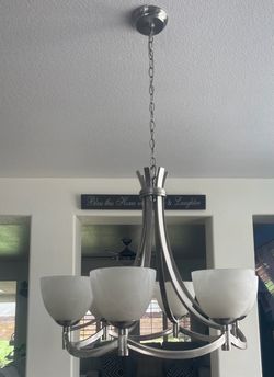 5-Light Brushed Nickel Chandelier – White Glass Shades – $50