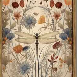 Framed Vintage Dragonfly Wall Art, Whimsical Botanical Floral Picture Wall Decor 8"×10" NEW