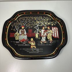 Lot of 4 Vintage Chinoiserie Garden Scene Black and Gold Metal Tole Tray
