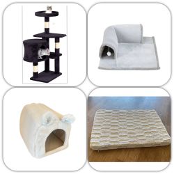 4 Items Bundle –  Cat Tree,  Plush Cat Cave,  Mini Tunnel , Memory Foam Pet Mat