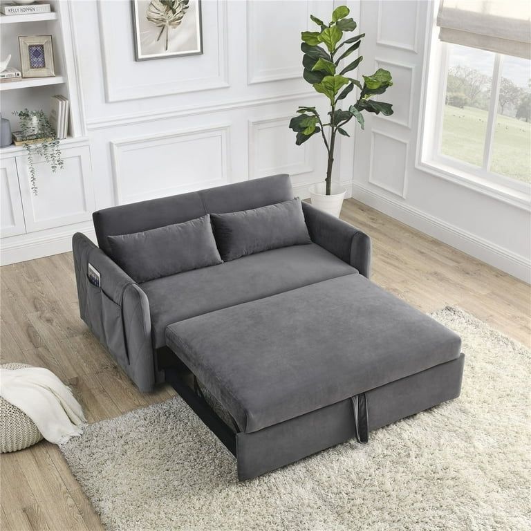 55" Convertible Velvet Sleeper Sofa Bed, Velvet Upholstered Pull Out Sofa Gray