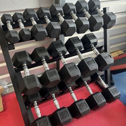 New pair of 5,10,15,20,25,35,40,45, 50lb rubber dumbbells + rack. All new in box 📦 $565