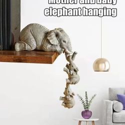 Elephant Sitter Hand-Painted Figurines,Full Size Mother and Two Babies Hanging On