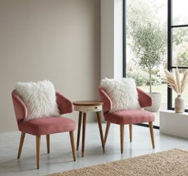 Velvet Accent Chairs Set of 2 with Wooden Side Table & Fur Pillows - Single Sofa Chair /Lounge Armchairs Set