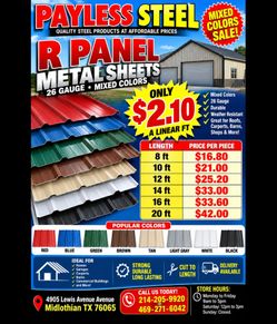 New 12ft R PANEL metal sheets, 26 gauge in mixed colors only $25.2