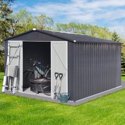 12 ft. x 10 ft. Outdoor Metal (Dark Gray) Garden Shed w/ Window / Lockable Doors / Apex Roof [NEW IN BOX] **Retails for $750 <Assembly Req'd>