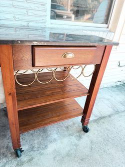 Rolling Kitchen Cart with Granite Top and Wine Rack