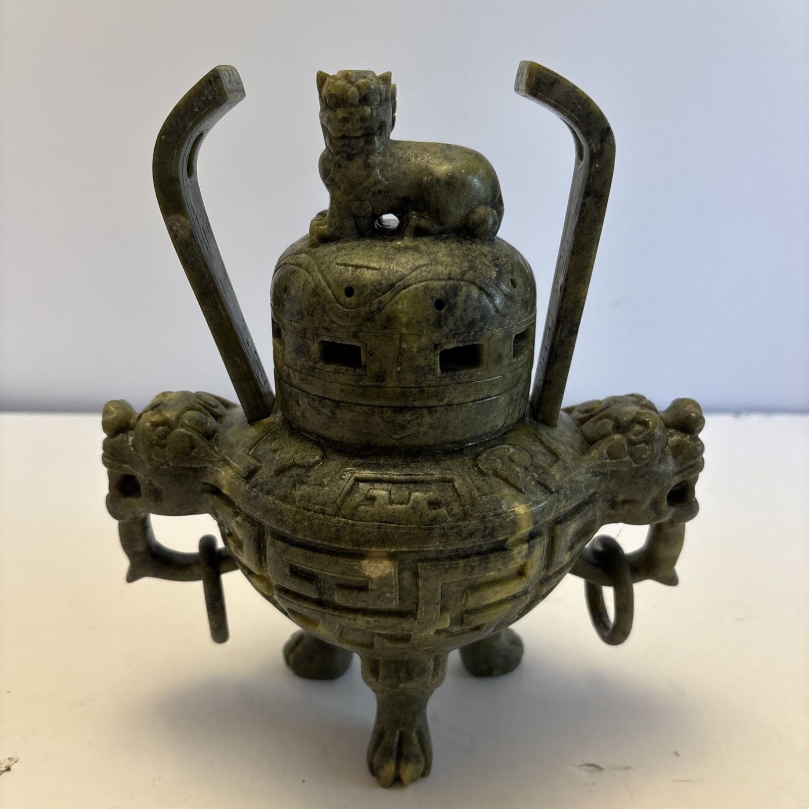 Vtg Chinese Green Jade Stone Double Handle Foo Dog Dragon Lidded Incense Burner
