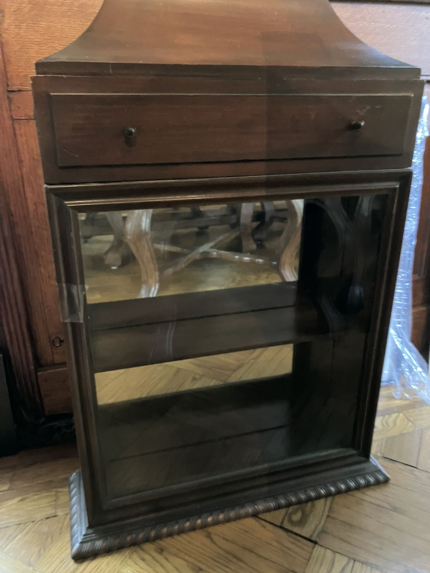 Antique Mirrored Curio Cabinet – Vintage 1920s-1940s – Glass Display & Drawer