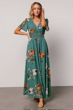 NEW Baltic Born Birdie Maxi Long Dress Short Sleeve Eucalyptus Floral Large 2XL