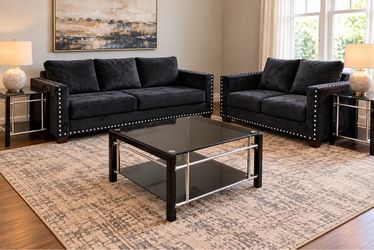 Black Nailhead Sofa & Loveseat + Matching 3-Piece Table Set