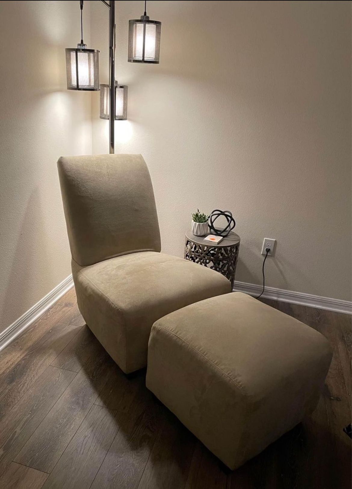 Beige Suede Lounge Accent Chair With Matching Ottoman 