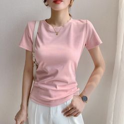 White short-sleeved front-shoulder t-shirt made of pure cotton for women