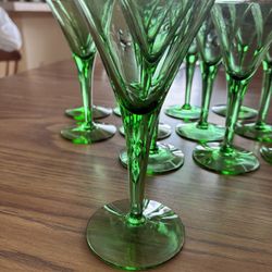 Green Cordial Glasses 5” tall set of 12 - VINTAGE late 1950’s