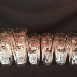 1950s Anchor Hocking glassware Gold n White Pennsylvania Dutch Collection. Tall Tumblers and Juice Glasses.  Antique classics.  SEE FULL AD BELOW
