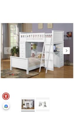 White Wood Bunk Bed with Built-In Desk