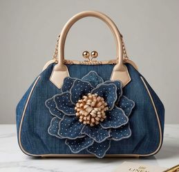Denim Handbag with Floral Embellishment