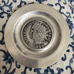 VINTAGE RARE Indian Head Coin Pew-Ta-Rex Pewter Tray Plate 5-3/4"