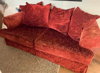 goose down sofa. Larry St. John & Co. Custom red goose down sofa.