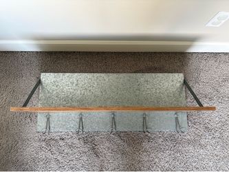 Pottery Barn Galvanized Metal & Wood Wall Shelf with Hooks