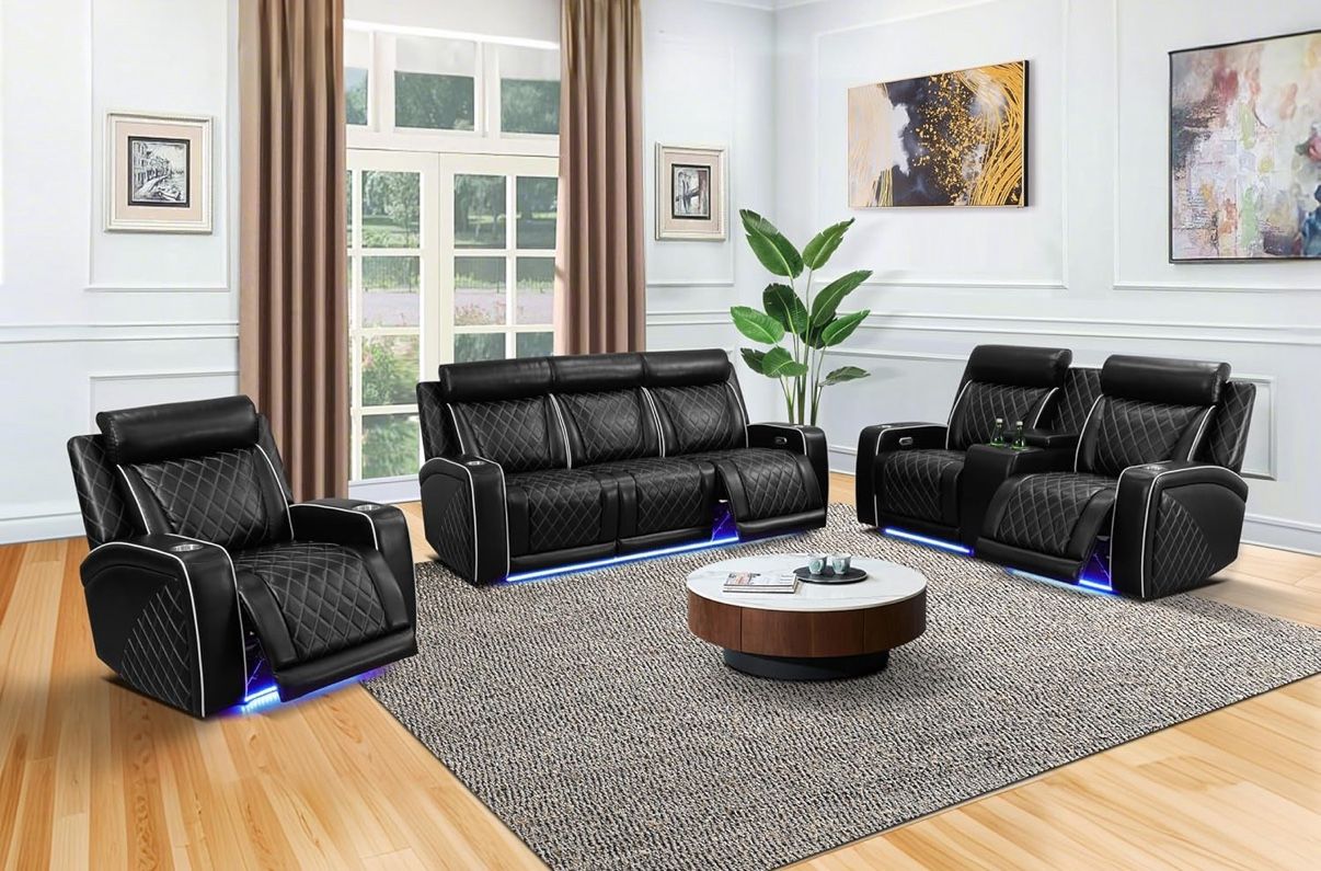 Black Power Reclining Couch 3-Pc Set — Sofa • Loveseat • Chair 