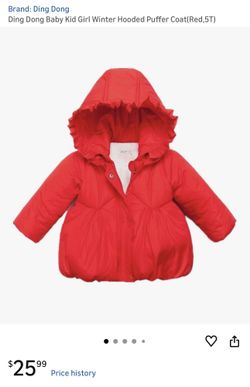 New Ding Dong Baby Kid Girl Winter Hooded Puffer Coat(Red,5T) 