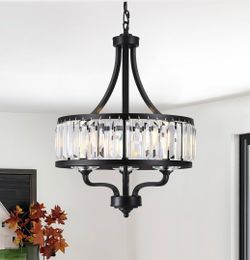 New 15.75 " Matte Black Crystal Chandelier with Ripple Glass 3-Light Adjustable Height Dimmable E26