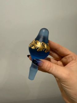 Vintage Cobalt Blue Frosted Glass Bottle Stopper Gold Leaf