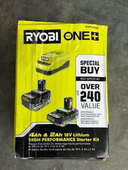 Ryobi ONE+ 18V High Performance 4Ah & 2Ah Battery Charger Kit  Price: $90  Ryobi ONE+ 18V Lithium-Ion High Performance Starter Kit, model PSK12