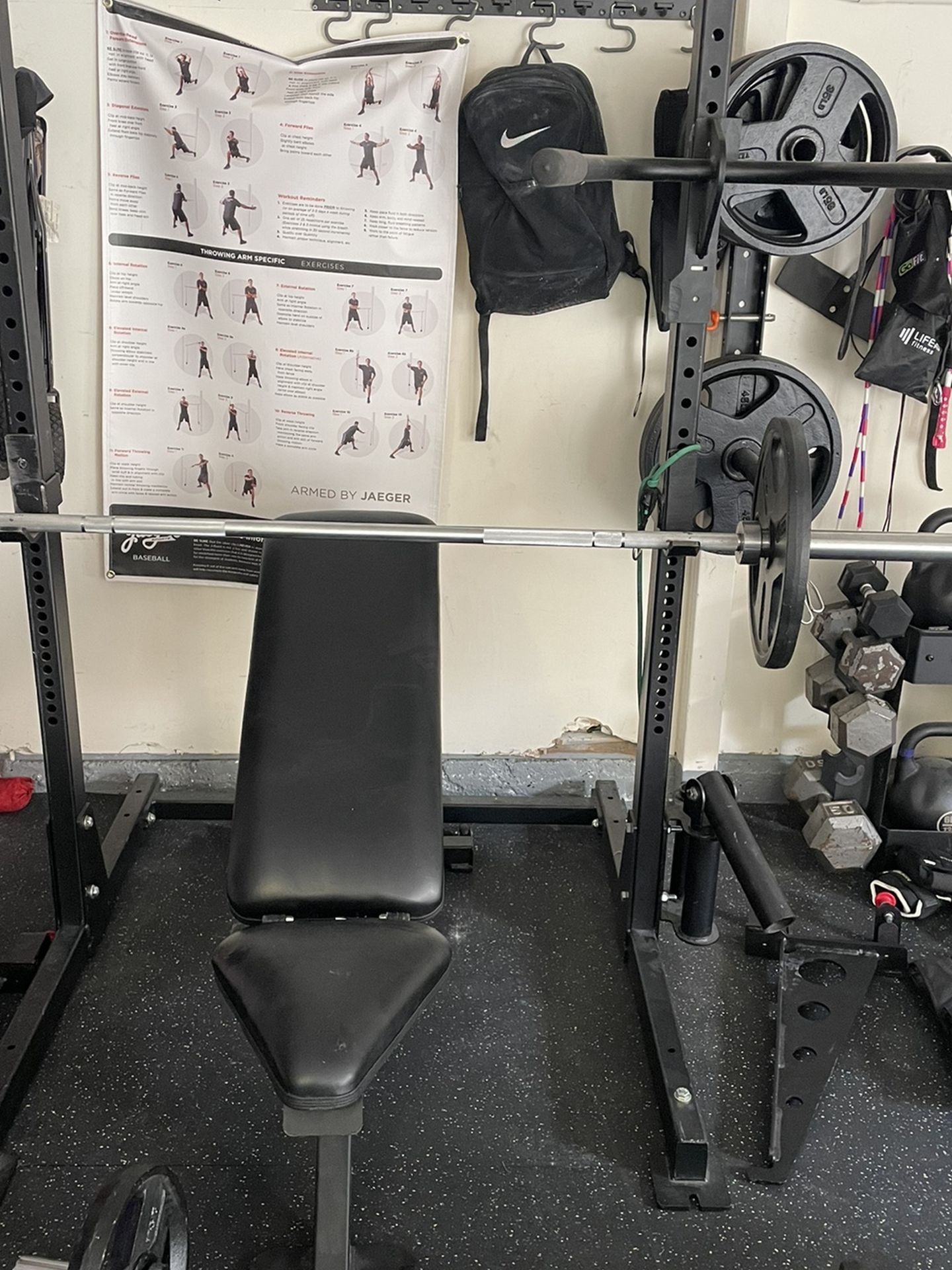 Squat Rack And Bench Press With Weights And accessories 