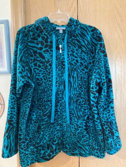 NWT Womens Essentials Faux Fur Teal & Black Zip Hooded jacket Size OX