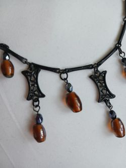 Vintage Black Metal and Amber Glass Bead Fringe Necklace