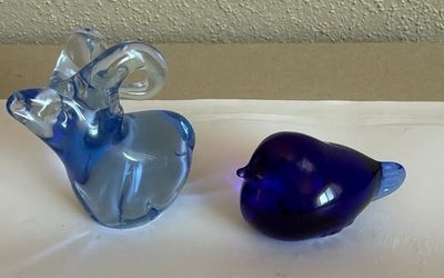 Vintage Cobalt Blue Art Glass Bird & Ram Figurines – Hand Blown Style – Set of 2